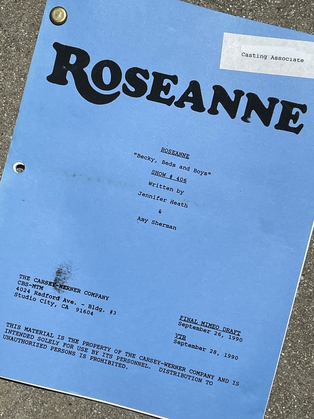 Roseanne Vtg 1990 Production Used Final Mimeo Draft Script Becky, Beds & Boys